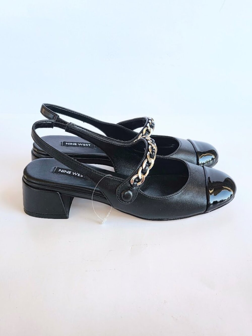 NEW Nine West Cast Chain Strap Block Heel Slingback Pumps - Black Size 6